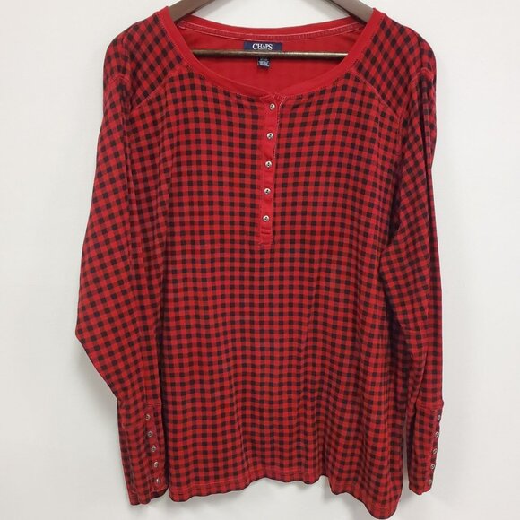 Chaps Womens Long Sleeve Plaid Henley Size 3X Red Lounge Leisure Modest Classic - Picture 1 of 11